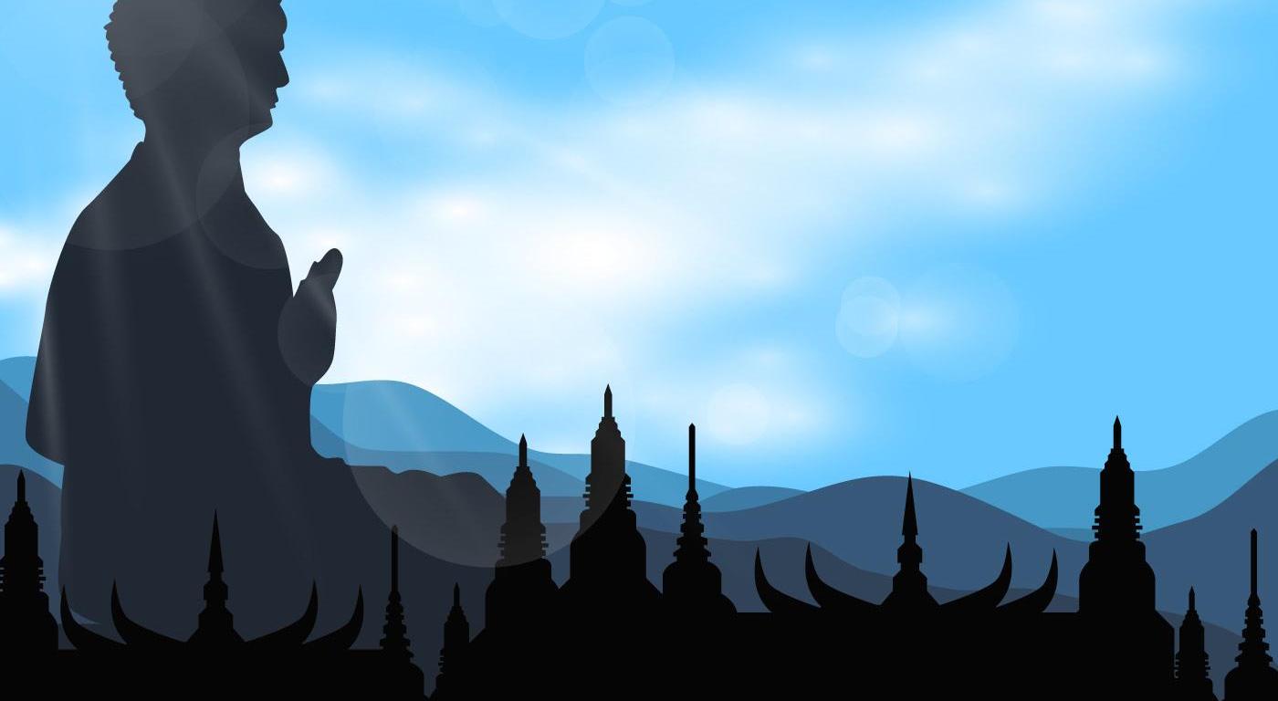 silhouette-of-buddah-in-the-temple-vector, Background Vectors by Vecteezy
